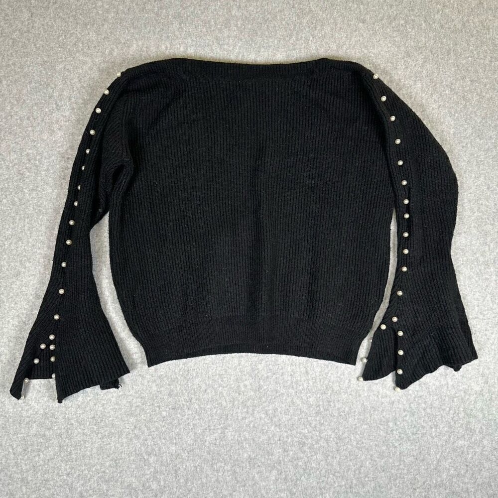 Lumiere Womens Size Large Faux Pearl Accents Sweater Black Ribbed Bell Sleeves